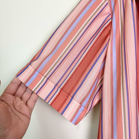 Vintage peach pink purple stripe short sleeve button up blouse‎ with ascot scarf - Picture 4 of 7